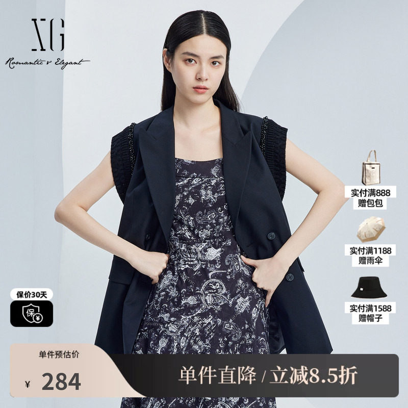 XG雪歌XJ324003A290黑色通勤马夹2025秋季新款长款西装马甲外套女
