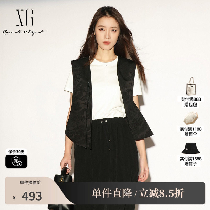 XG/雪歌 XL224006A990黑色新中式国风无袖马夹盘扣修身气质马甲女