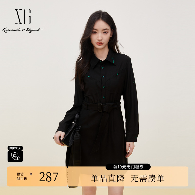 XG雪歌XI404008A690黑色长袖连衣裙时尚冬季新款印花衬衫中长裙女