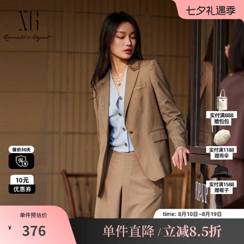 XG雪歌XK307001B195复古格纹休闲西装2025秋季新款修身长袖外套女