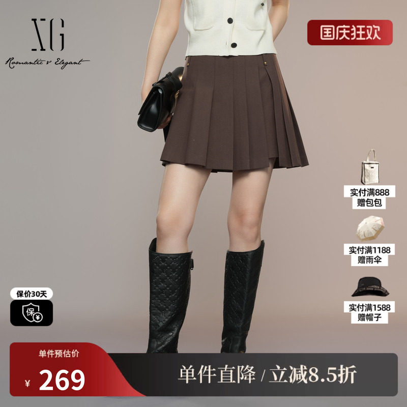 XG/雪歌XK303013A572深咖色半身裙2025秋季新款不规则百褶短裙女
