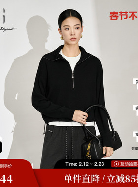 XG/雪歌XL311589A890黑色翻领毛针织衫2025秋季新款绵羊毛毛衫女