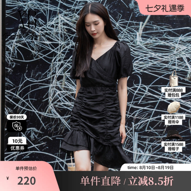 XG/雪歌XJ204077A990黑色高腰短袖连衣裙时尚夏季新款莱赛尔女装