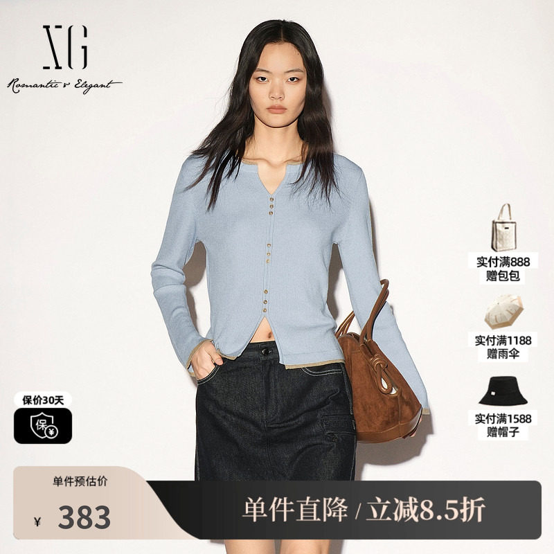 XG/雪歌 XL311012A420蓝咖色羊毛混纺假两件长袖针织衫修身毛衣女