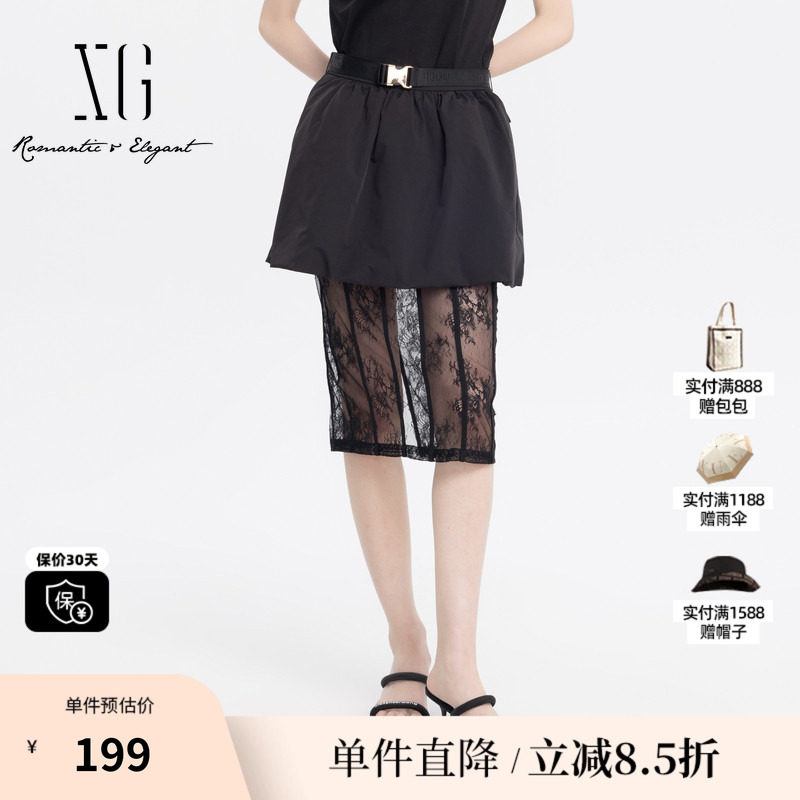 XG雪歌XJ203035A790黑色假两件半身裙时尚夏季新款蕾丝拼接长裙女