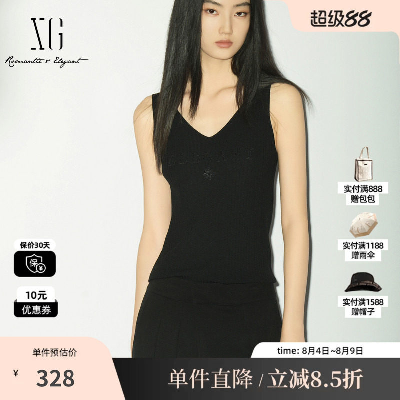 XG/雪歌XL211014A290黑色V领无袖背心吊带修身印花宽肩带内搭女装