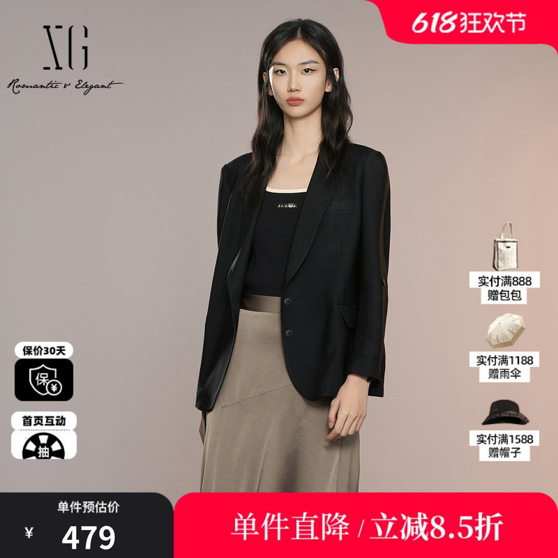 XG/雪歌XK307004A290 黑色醋纤七分袖挽边通勤休闲直筒西装外套女