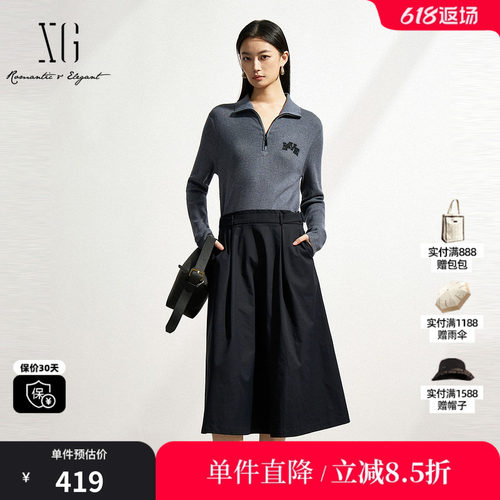 XG/雪歌XK111013B290假两件连衣裙2025春季新款黑色长袖A字裙女装