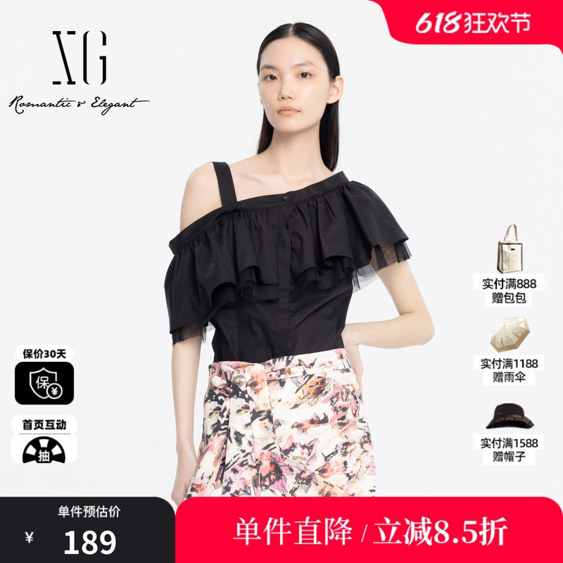 XG雪歌XJ221037A890黑色网纱拼接衬衫时尚夏季新款露肩短袖上衣女