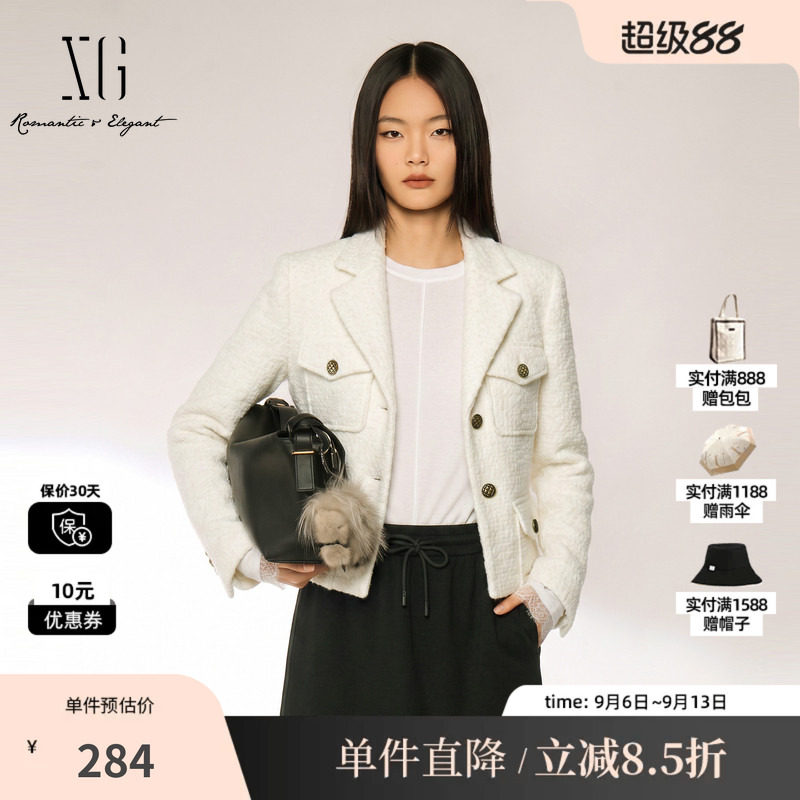 XG/雪歌 XJ410777A851白色羊毛混纺小香风正肩短款直筒毛呢外套女