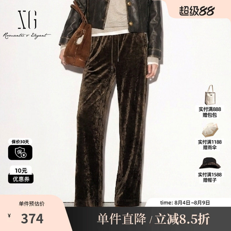 XG/雪歌 XK302700A809咖色醋纤丝绒直筒休闲裤松紧抽绳通勤长裤女