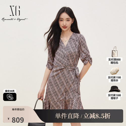 XG/雪歌XK204108B993 花版桑蚕丝V领中袖连衣裙收腰绑带A字中裙女