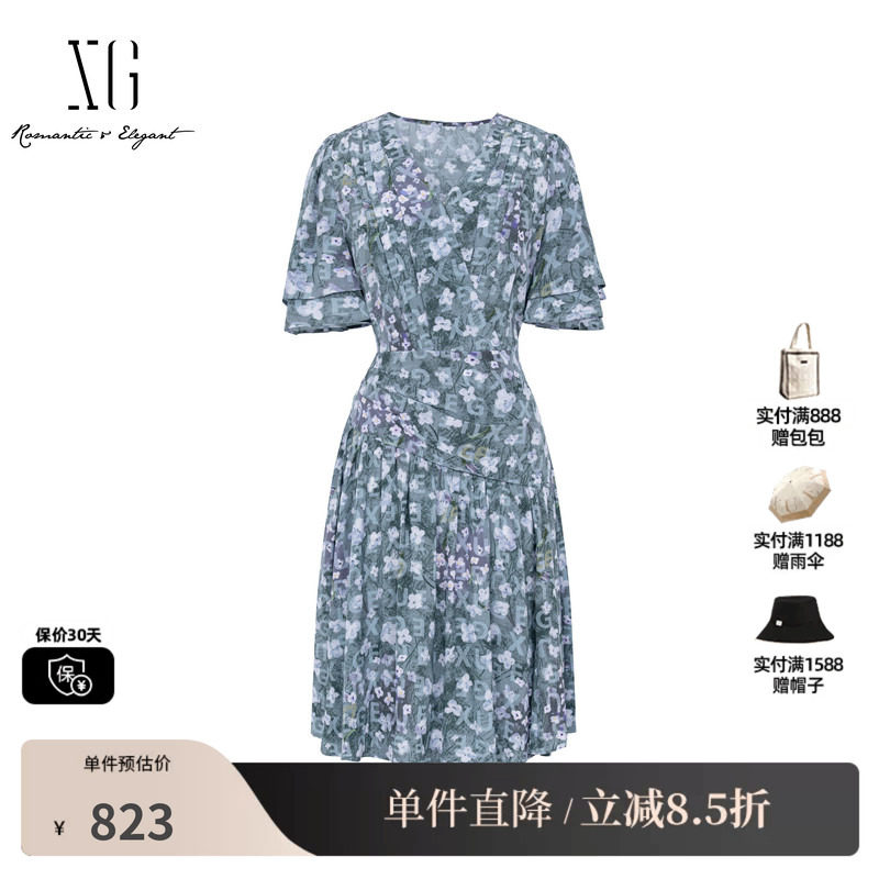 XG/雪歌XL204053BE93 碎花V领短袖连衣裙收腰A字伞裙休闲薄款女装