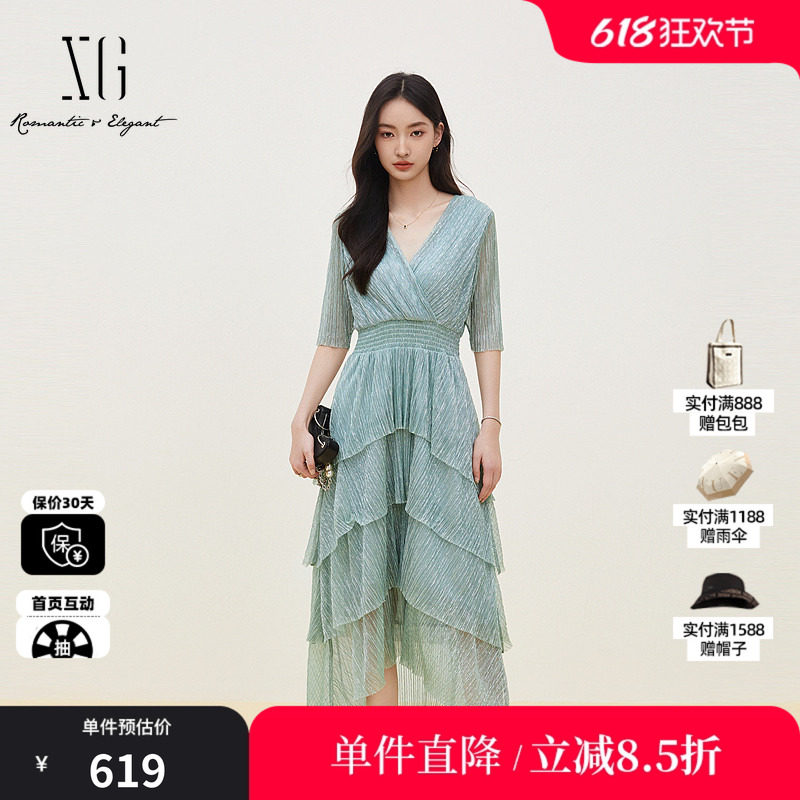 XG/雪歌XK204110A945湖水绿亮丝V领短袖连衣裙松紧收腰蛋糕伞裙女