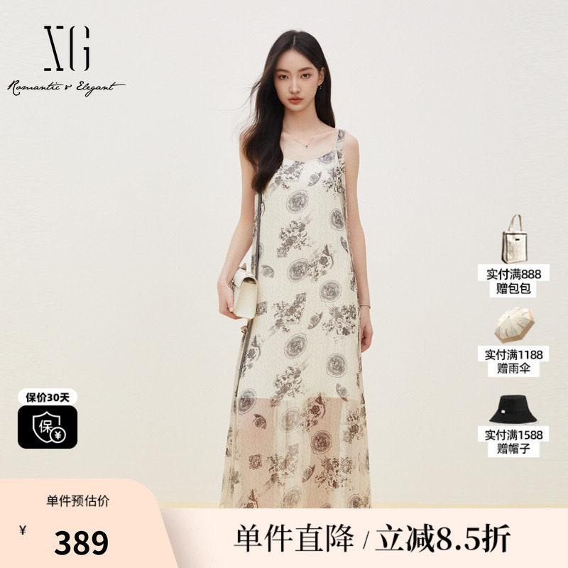 XG/雪歌XK204103B997字母花版无袖背心连衣裙H型直筒显瘦长半裙女
