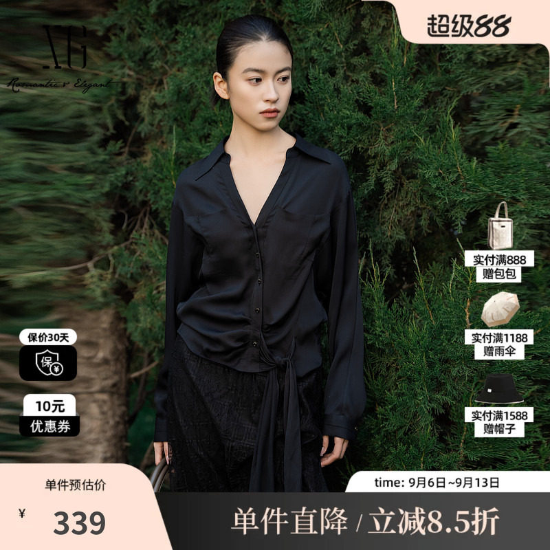 XG/雪歌XL121020A490醋纤翻领绑带衬衫黑色V领长袖收腰短上衣女装
