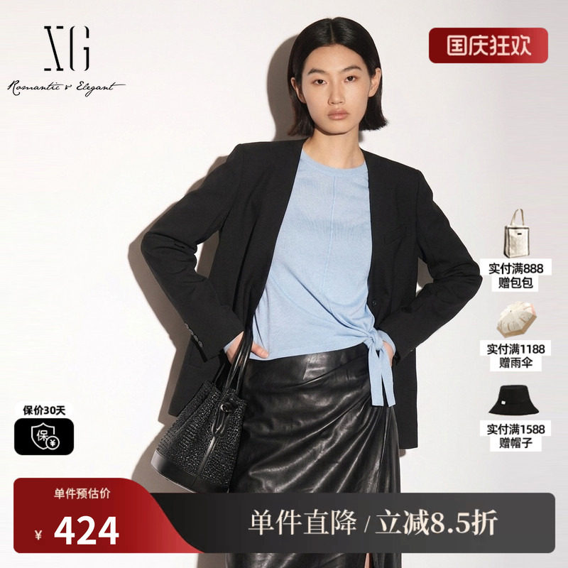 XG/雪歌XK307720A890黑色羊毛混纺V领长袖西装外套直筒通勤简约女