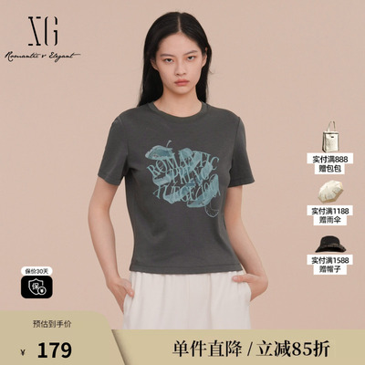 XG/雪歌XK101003A572圆领短袖T恤莱赛尔正肩套头休闲印花上衣女装
