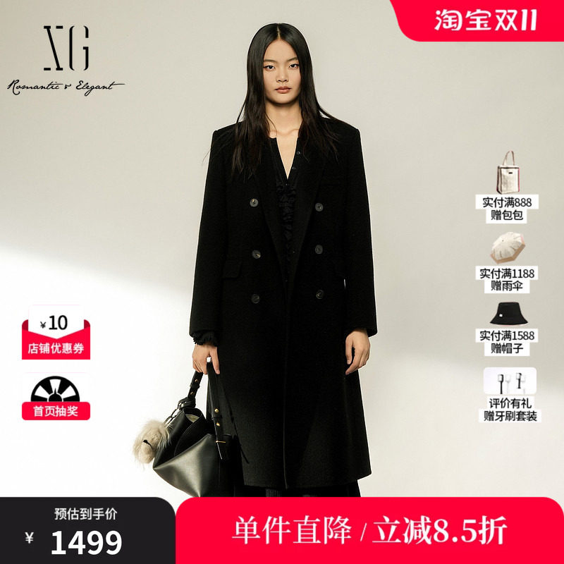 XG/雪歌 XL410008A590黑色羊毛混纺双排扣翻领毛呢外套保暖大衣女