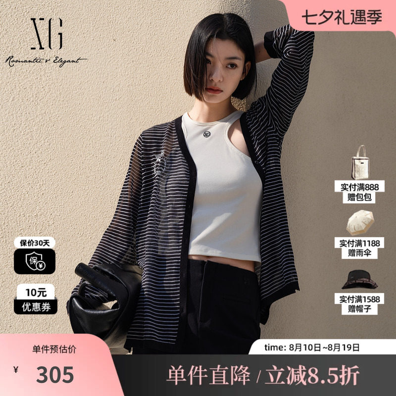XG/雪歌XL111003B599条纹V领长袖针织开衫黑色印花薄款收腰打底女