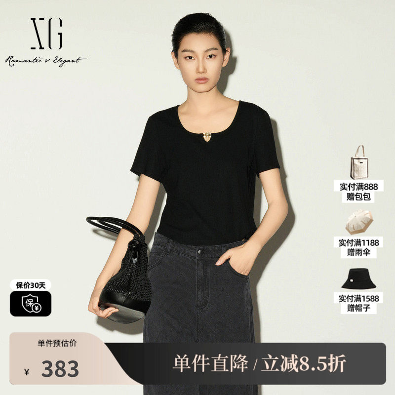 XG/雪歌XL201007A590黑色圆领镂空短袖T恤修身百搭薄款短上衣女装