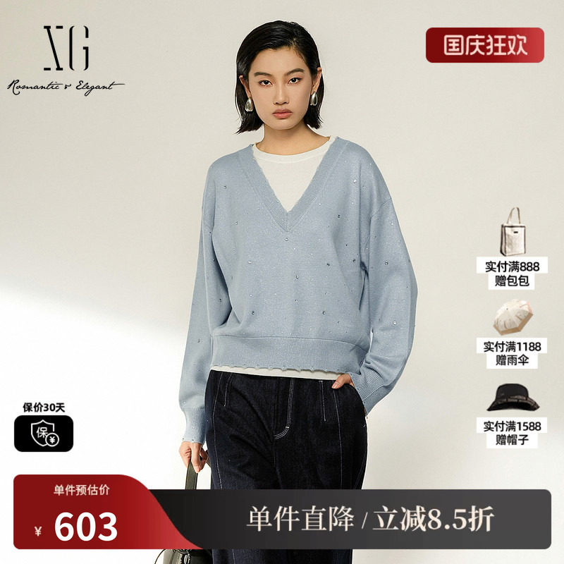 XG/雪歌XL411031B520蓝白羊毛混纺假两件V领套头针织衫休闲毛衣女