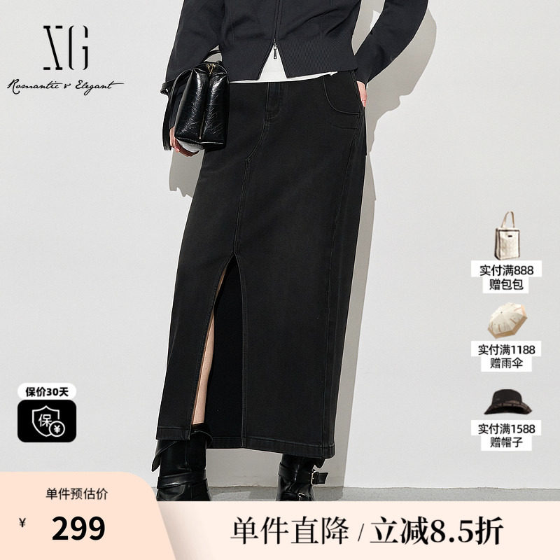 XG/雪歌XK303001A190开叉牛仔半身裙2025秋季新款黑色高腰长裙女