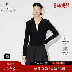 XG/雪歌XL401607B890拼接设计长袖T恤2025冬季新款黑色修身上衣女