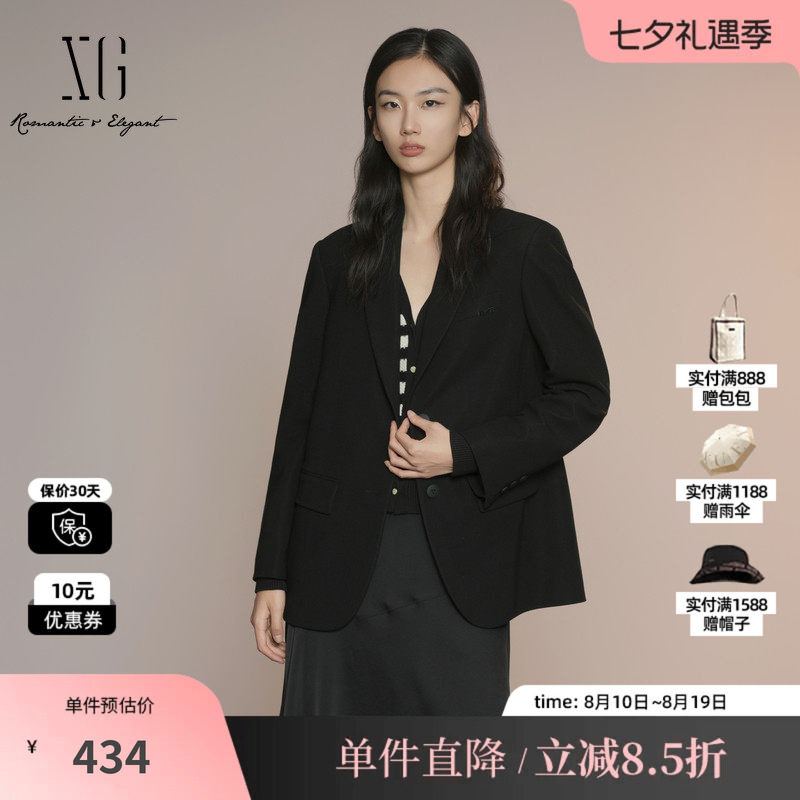 XG雪歌XK307025A690黑色长袖休闲西装2025秋季新款挺括西装外套女
