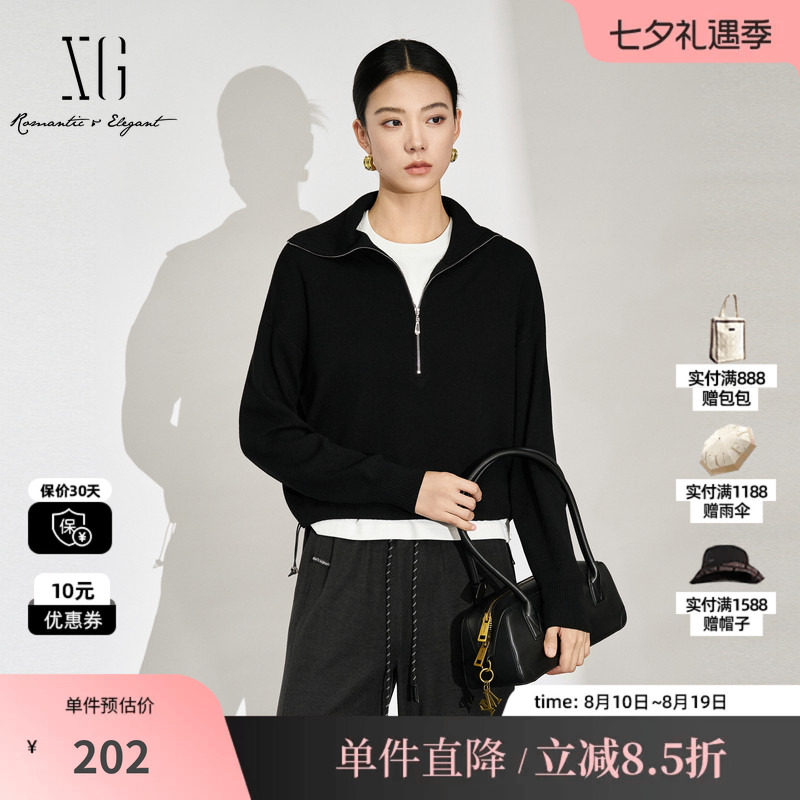 XG/雪歌XL311589A890 黑拉链翻领长袖毛针织衫短款直筒宽松毛衫女