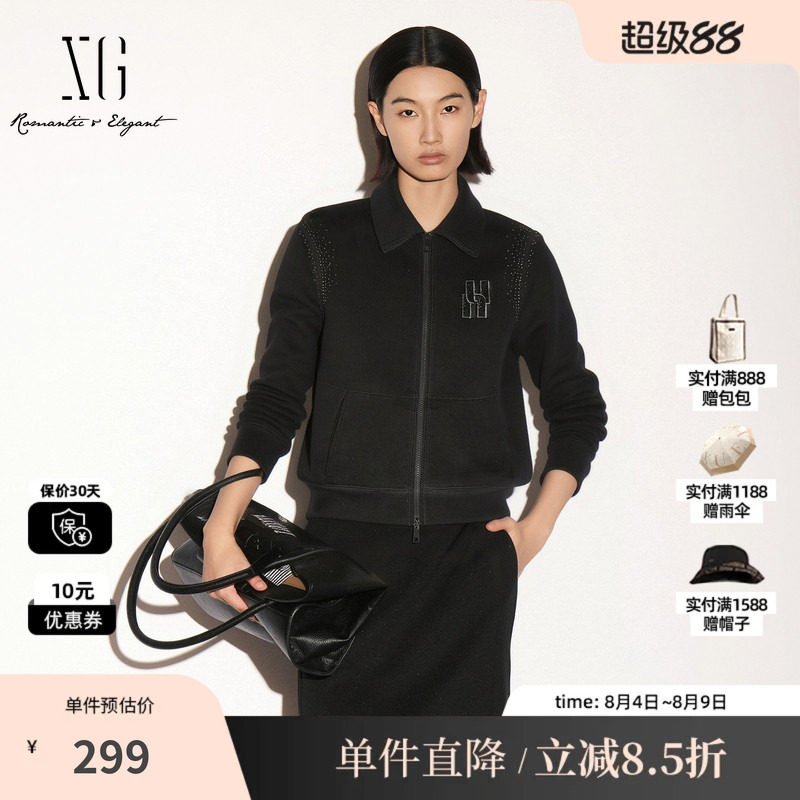 XG/雪歌 XK307725A890黑色翻领长袖卫衣拉链短外套宽松直筒休闲女