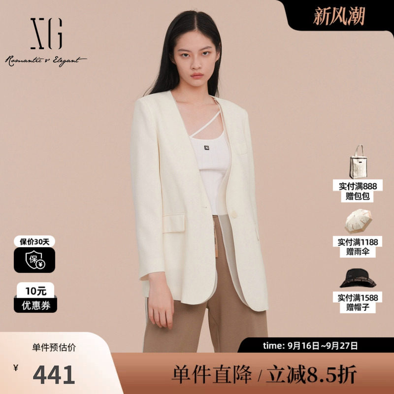 XG/雪歌XK107025A591纯醋纤V领西装网纱拼接白色职场长袖外套女装