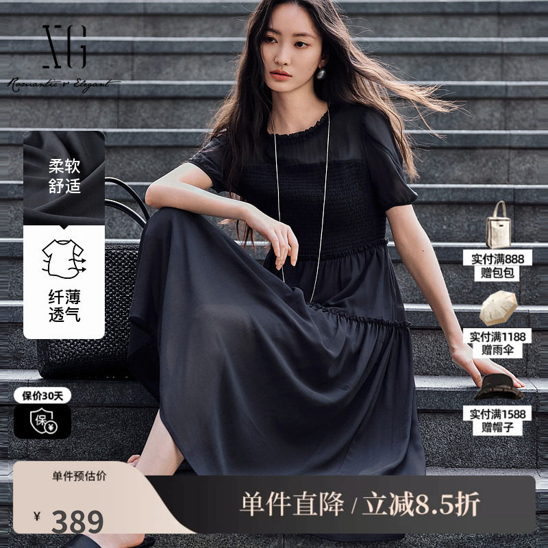 XG/雪歌XL204577A890灰色泡泡袖短袖连衣裙高腰微透薄款A字长裙女