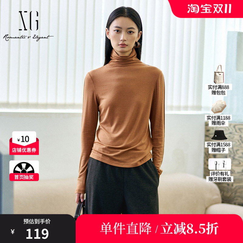 XG/雪歌XK401005A533 桔黄长袖高领T恤修身堆堆领打底休闲上衣女