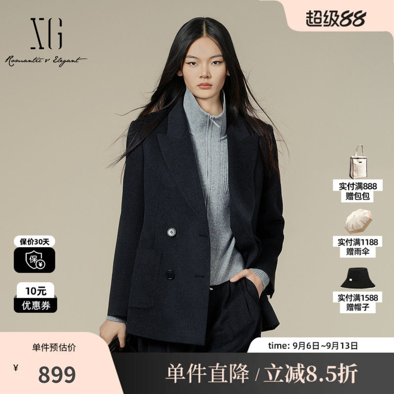 XG/雪歌 XK410030A183深灰色羊毛混纺西装翻领毛呢外套直筒大衣女