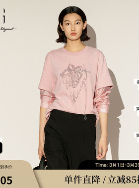 XG/雪歌XL101006A316棉感假两件T恤圆领拼接宽松直筒打底上衣女装