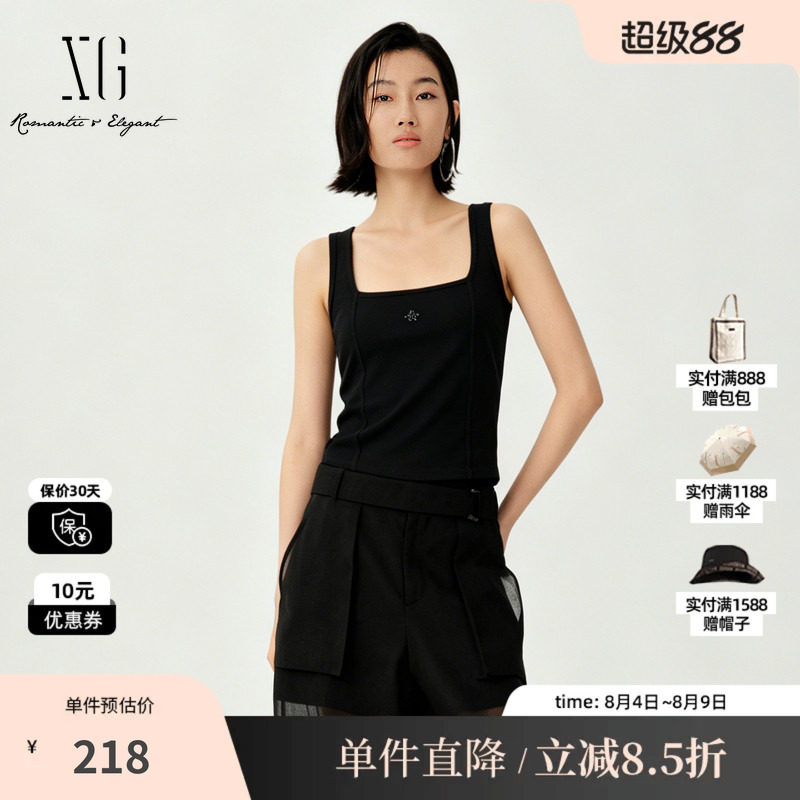 XG/雪歌XL222005A190黑色莱赛尔无袖背心收腰鱼骨U领搭配吊带女装
