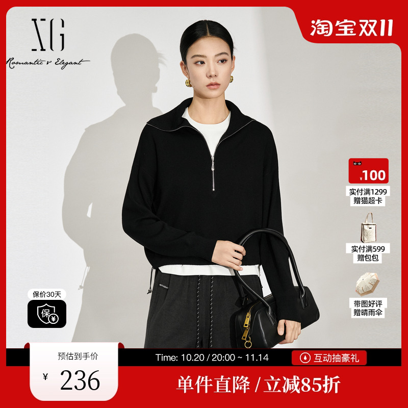 XG/雪歌XL311589A890黑色翻领毛针织衫2025秋季新款绵羊毛毛衫女