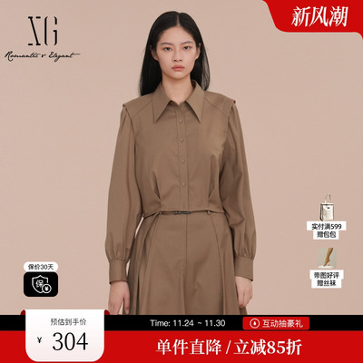 XG/雪歌XK121010A373抽褶长袖翻领衬衫2025春季新款卡其色上衣女