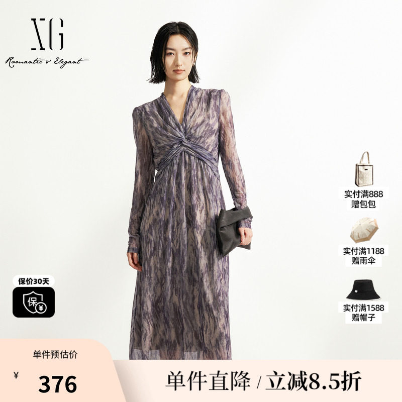 XG/雪歌XK304001B194设计感连衣裙2025秋季新款中长款长袖A字裙女