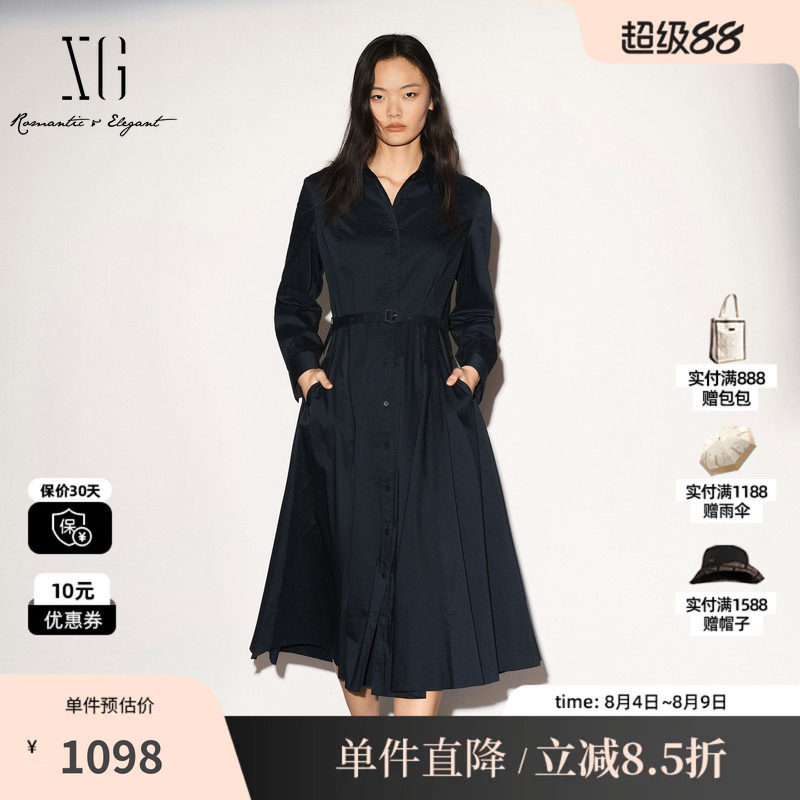 XG/雪歌XL304005A228藏青色棉感翻领衬衫长袖连衣裙高腰A字伞裙女
