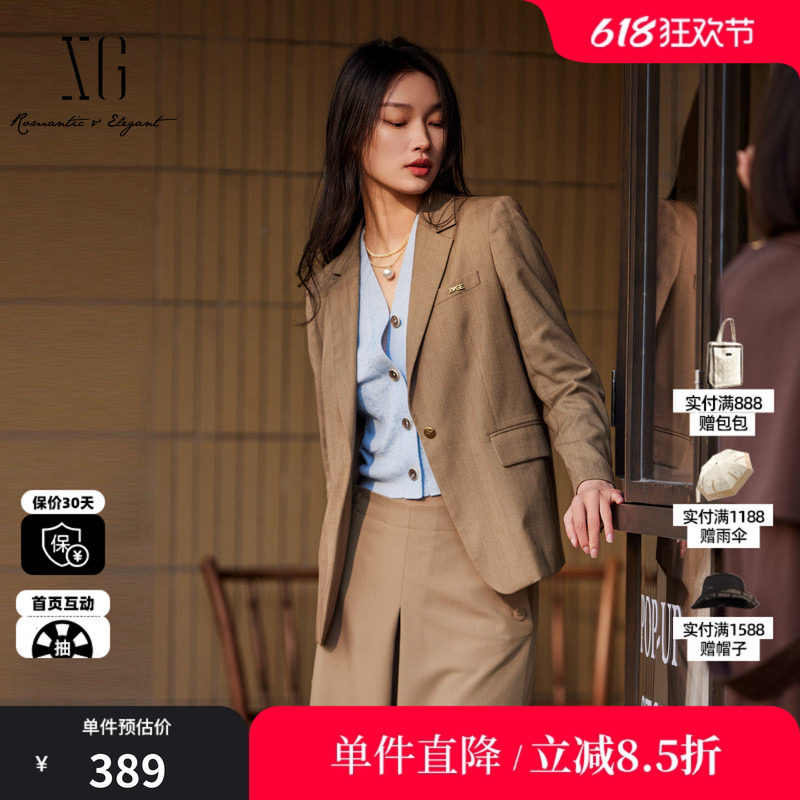 XG雪歌XK307001B195复古格纹休闲西装2025秋季新款修身长袖外套女