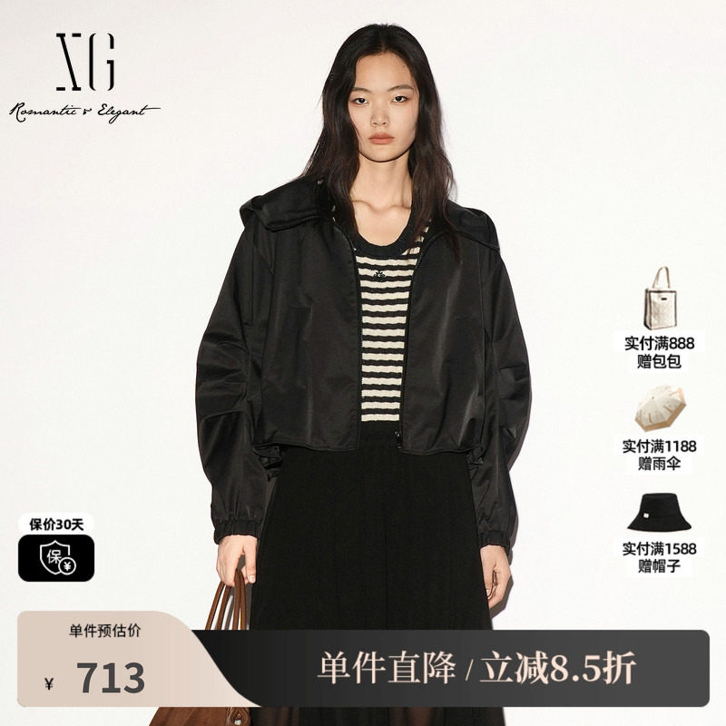 XG/雪歌 XL307005A290黑色连帽长袖短外套冲锋衣休闲运动上衣女装