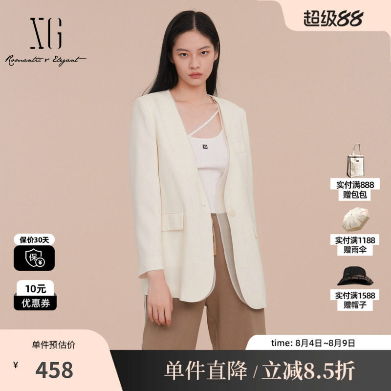 XG/雪歌XK107025A591纯醋纤V领西装网纱拼接白色职场长袖外套女装