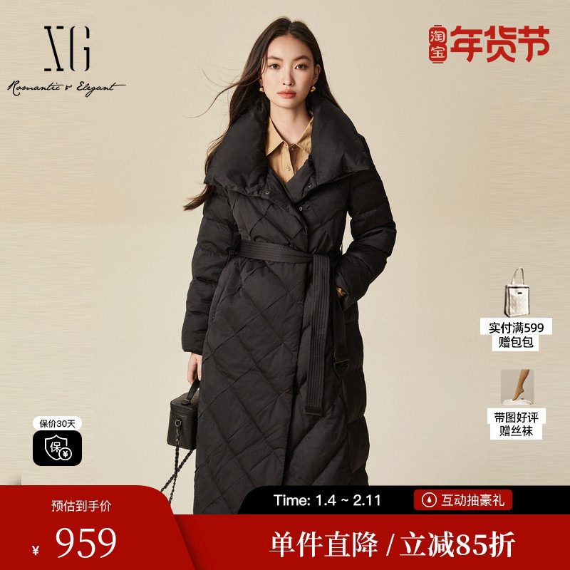 XG/雪歌XJ406087A790黑色天鹅绒羽绒服时尚冬季新款长款外套女装