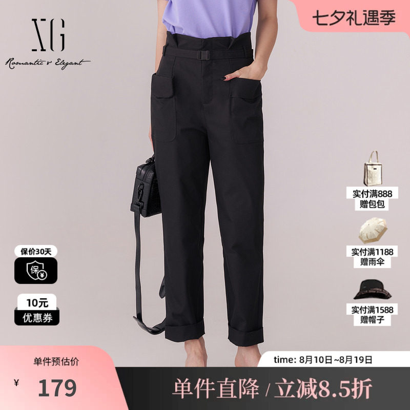 XG雪歌XL102006A190黑色高腰休闲裤2025秋季新款通勤收腰直筒裤女