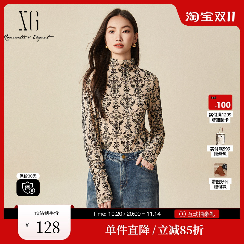 XG/雪歌XJ401054B196满版印花设计长袖T恤2024冬季新款高领上衣女