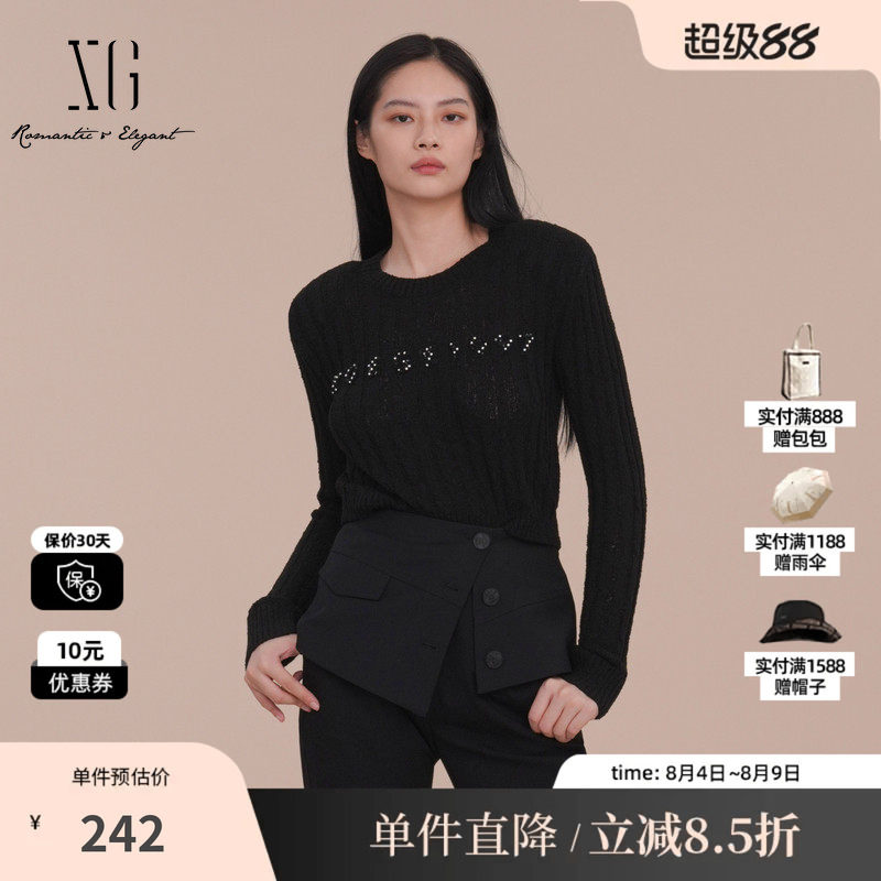 XG雪歌XK111020A290黑色长袖毛针织衫2025春季新款修身套头毛衫女