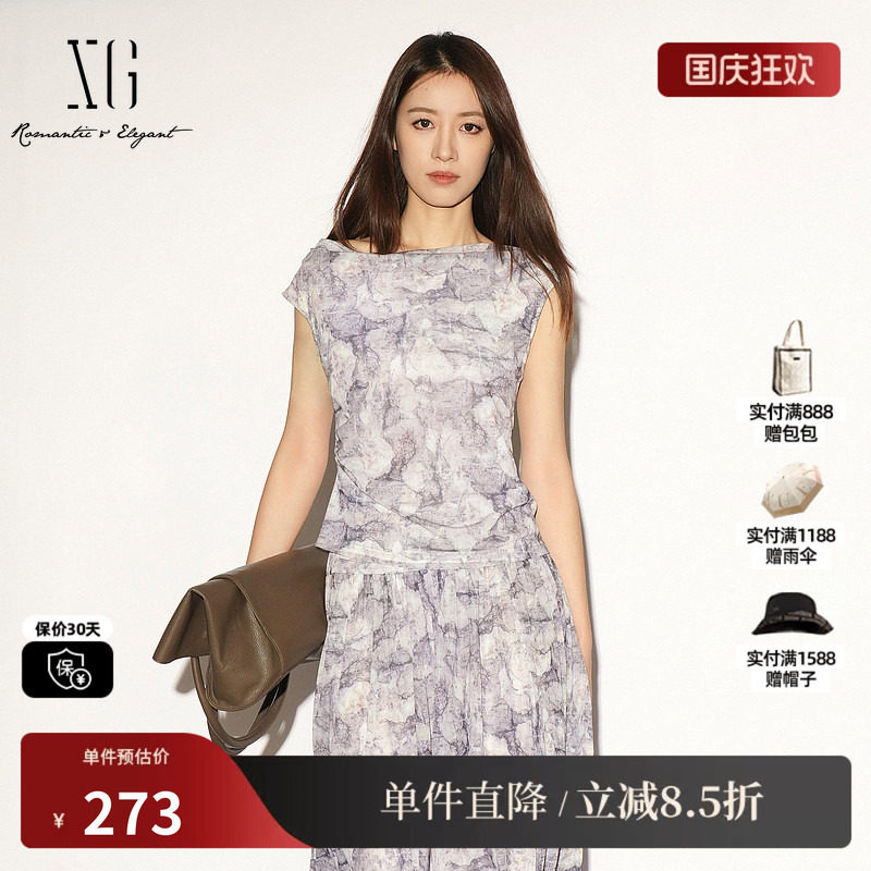 XG/雪歌XL201034BE96花版荡领无袖T恤印花修身不规则薄款上衣女装