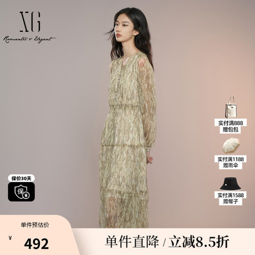 XG/雪歌XK304007B294系带领连衣裙2025秋季新款微透碎花中长裙女